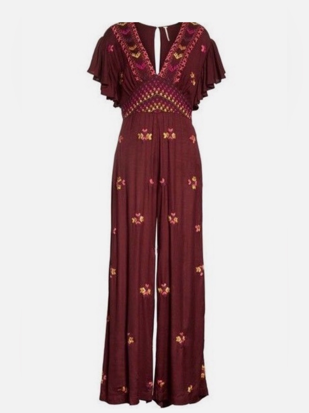 Free People Cleo Embroidered Wide Leg Jumpsuit Burgundy Wine Boho Size 6